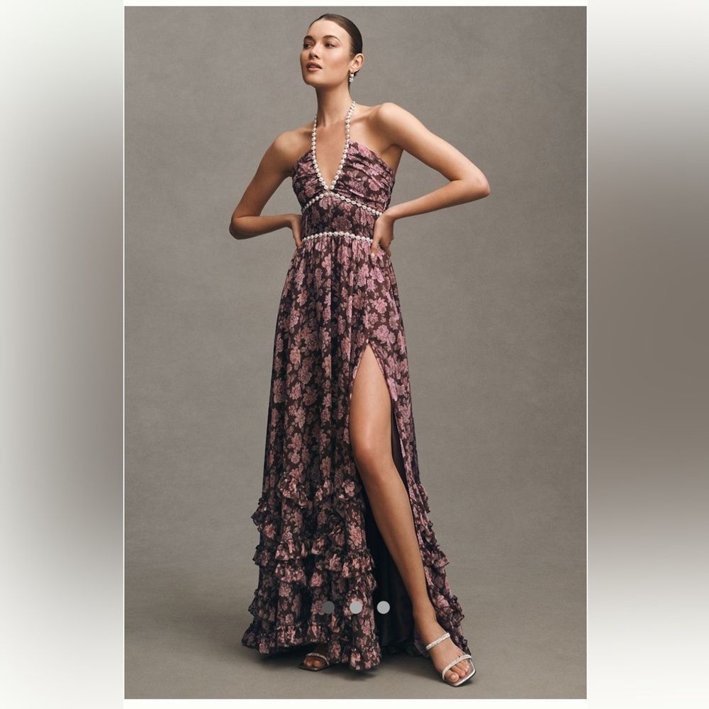 V. Chapman Scarlette Halter Embellished Corset Dress Chocolate Peony Print